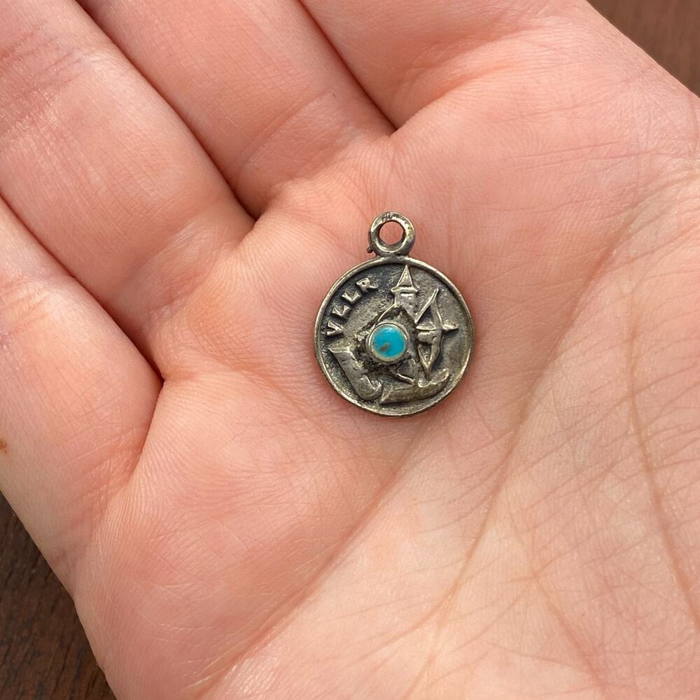 Vintage 925 Sterling Silver Turquoise Ullr God of Skiing Pendant Bracelet Charm